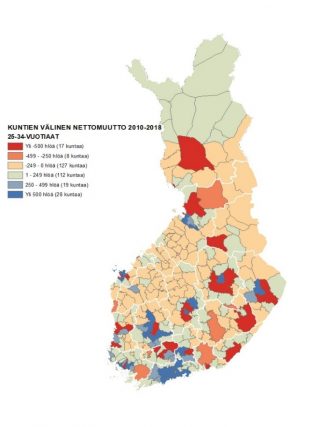 Kartta 5 näyttää kuntien välisen nettomuuton 25–34-vuotiaissa, joita vetävät puoleensa suuret kaupungit ja niiden kehyskunnat.