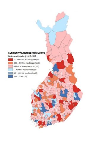 Kartta 1 näyttää kuntien välisen nettomuuton Suomessa vuosina 2010–2018. Voittajia ovat suuret kaupungit ja niiden kehyskunnat.