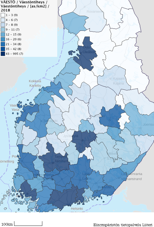 Kartta 1 näyttää väestöntiheyden seutukunnittain. Tiheimmin asutut seudut ovat Helsingin, Turun, Tampereen, Oulun ja Jyväskylän alueilla.