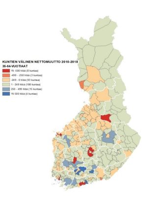 Kartta 6 näyttää kuntien välisen nettomuuton 35–64-vuotaiden joukossa. He muuttavat muita ikäryhmiä harvemmin kuntien välillä.