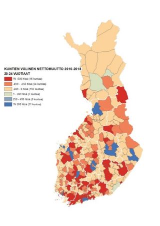 Kartassa 4 näkyy kuntien välinen nettomuutto 20–24-vuotiaiden joukossa, jotka muuttavat myös suuriin opiskelukaupunkeihin.