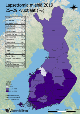 Kuvio 6a. Kartat näyttävät lapsettomien osuudet 25–29-vuotiaiden joukossa eri maakunnissa vuonna 2019. Osuudet on avattu tekstissä. 