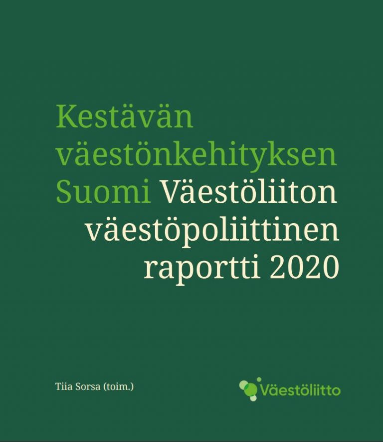 Kestävän väestönkehityksen Suomi -raportin kansi vihreällä pohjalla ja Väestöliiton logolla.