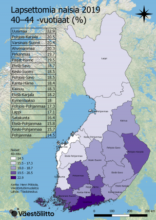 Kuvio 6b. Kartat näyttävät lapsettomien osuudet 40–44-vuotiaiden joukossa eri maakunnissa vuonna 2019. Osuudet on avattu tekstissä.