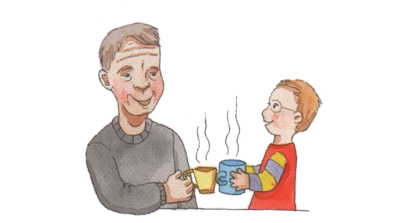 Isoisä ja lapsi juovat lämmintä kaakaota yhdessä. Piirretty kuva.