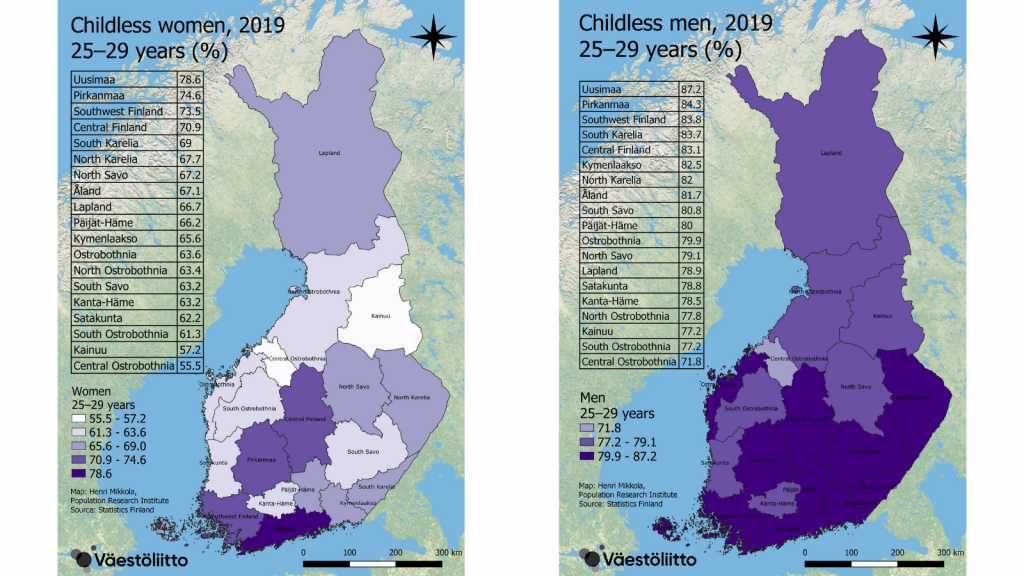The maps show the rates of childless 25- to 29-years-old in Finnish regions in 2019. The rates are explained in the text. 