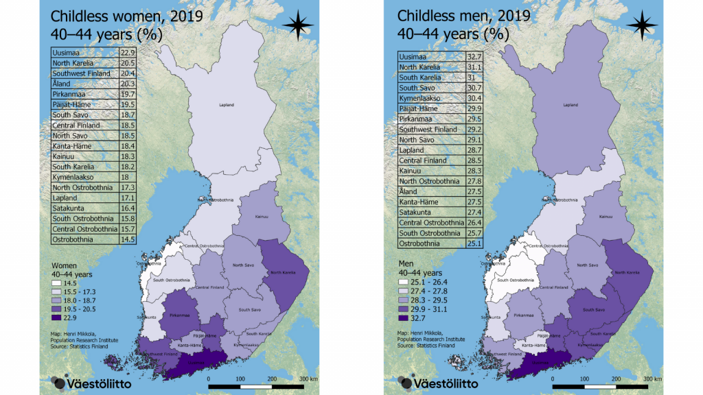 The maps show the rates of childless 40- to 44-years-old in Finnish regions in 2019. The rates are explained in the text.