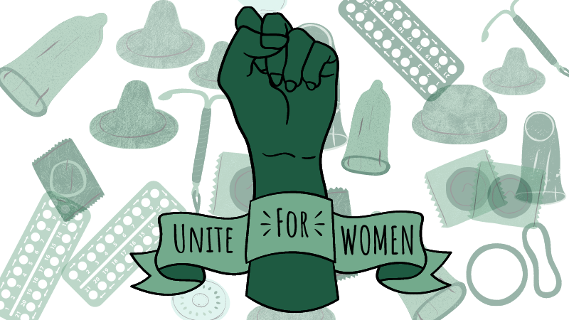 Raised fist text ribbon around it saying unite for women