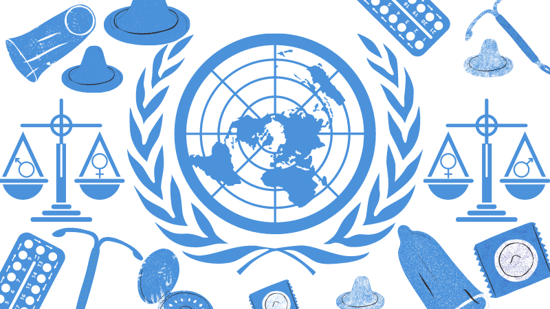 UN logo and contcaceptives and gender equality scale