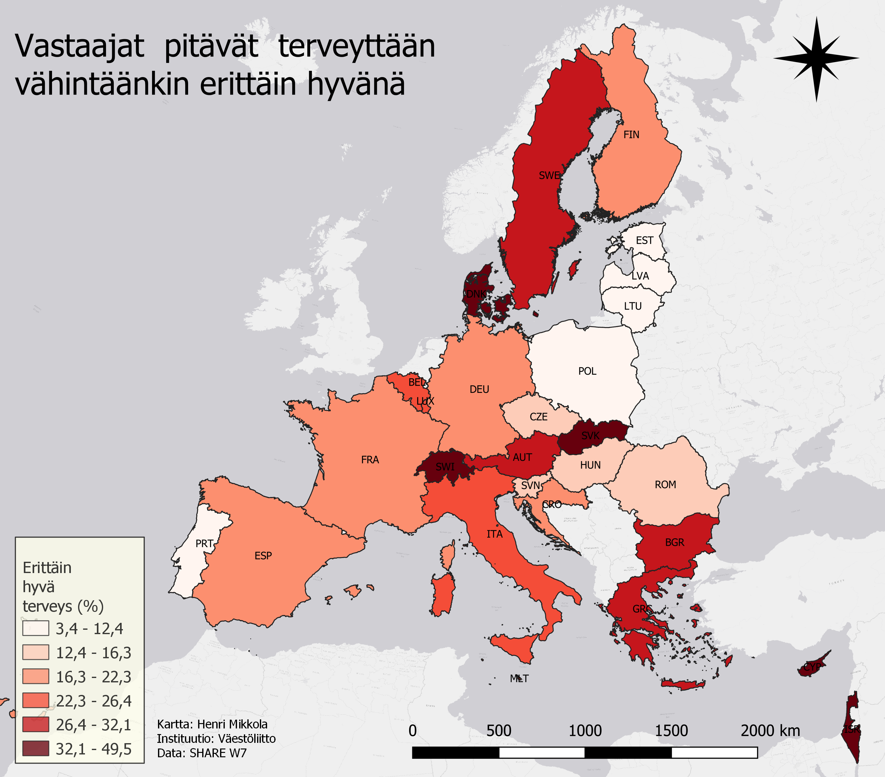 Karttapohjan avulla havainnollistettu aineisto kuvastaa vastaajien kokemusta omasta terveydentilastaan. Parhaaksi terveys koetaan Tanskassa, Sveitsissä ja Slovakiassa. Heikoimmaksi terveydentila koetaan Baltian maissa.