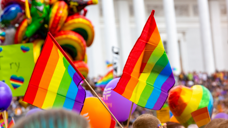 Sateenkaarilippuja Pride -kulkueessa Helsingissä 2019.