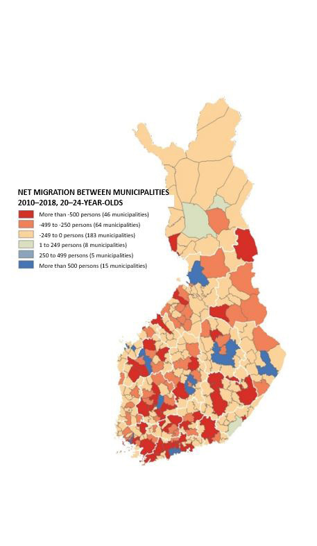 Shows the intermunicipal in-migration of 20-to 24-year-olds who also moves to large student cities most frequently.