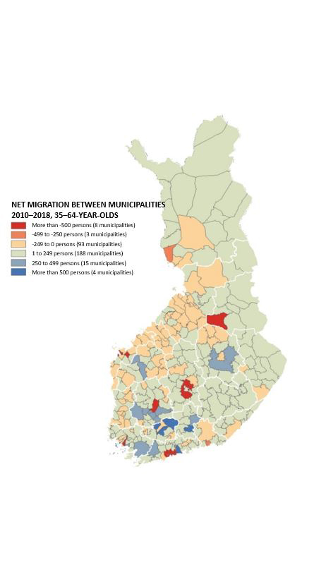 Map 6 shows the movement between municipalities among 35- to 64-year-olds. The move between municipalities less frequently than younger people.