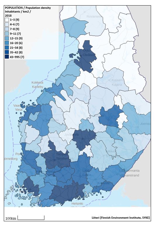 Shows the population density by sub-region. The most densely populated regions are centered around Helsinki, Turku, Tampere and Oulu.