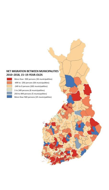 Shows the intermunicipal net in-migration amid 15- to 19-year-olds. Big cities attracted teenagers in this age group the most.