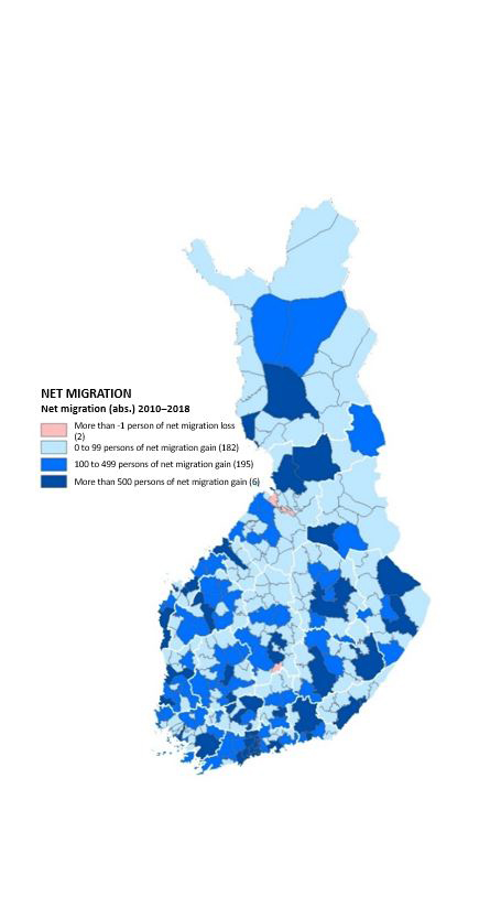 Map 2 shows how net immigration spread out to Finnish municipalities 2010 to 2018. The map's data is explained in the text.