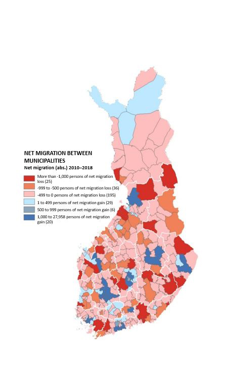 Maps 1 shows the intermunicipal net migration in Finland between 2010 and 2018. Big cities and surrounding municipalities won the most residents.