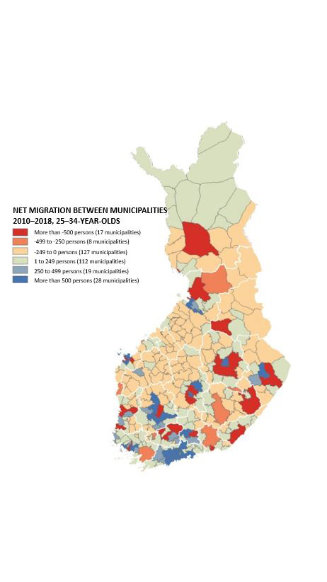 Map 5 shows the intermunicipal net in-migration of 25-to 34-year-olds who are attracted by cities and their surroundigns.