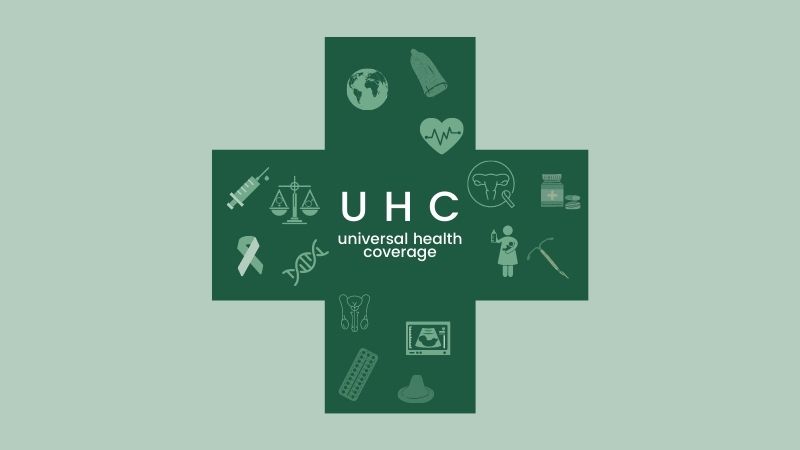 Drawn picture of a cross with the text UHC, Universal Health Coverage