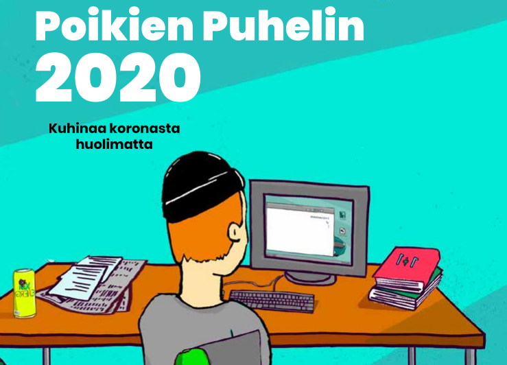 Poikien Puhelimen vuoden 2020 raportin kansi. Kuvassa piirretty poikahahmo istuu selin pöydän ääressä, tietokoneen näyttöä katsoen.