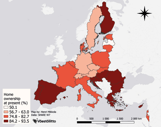 Map of Europe shows that homeownership at present has increased from birth, but is quite ow in Central Europe, Sweden and Latvia.