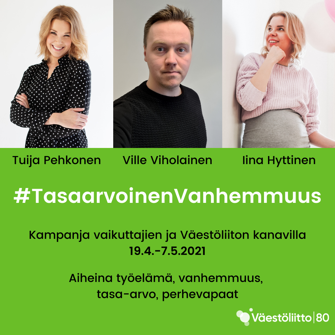 Tuija Pehkonen, Ville Viholainen ja Iina Hyttinen kampanjakuvassa. Alla perustiedot kampanjan ajankohdasta ja teemoista. Kampanja #TasaarvoinenVanhemmuus näkyy 19.4.-7.5.2021 Väestöliiton ja vaikuttajien kanavilla erityisesti Instagramissa.