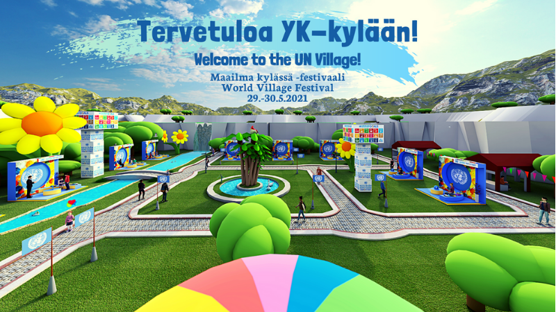 Kuva virtuaalisesta YK-kylästä Tervetuloa YK-kylään. Welcome to the UN-village. Maailma kylässä festivaali 29.-30.5.2021