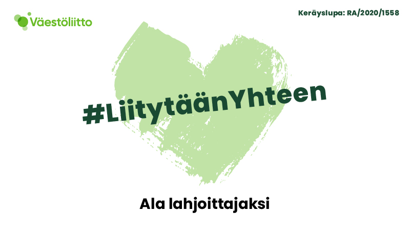 Liitytään yhteen -varainhankintakampanjan symboli eli vihreä sydän.