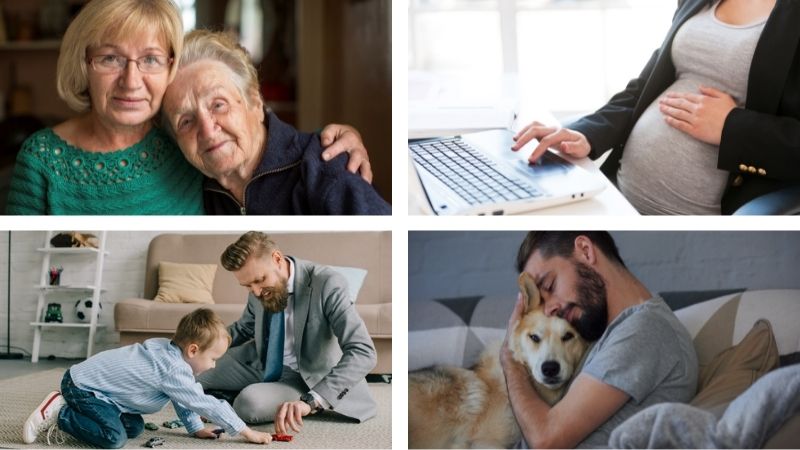 People in four different situations in a lifespan of balancing work and life.