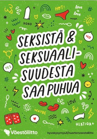 Kuvassa on seksuaalisuuteen viittaavia symboleita, kuten huulet, kondomi, siittiö, sateenkaari, kirkkovene, penis, sukupuolia kuvaava symboli, sydän ja keskellä teksti seksistä ja seksuaalisuudesta saa puhua.
