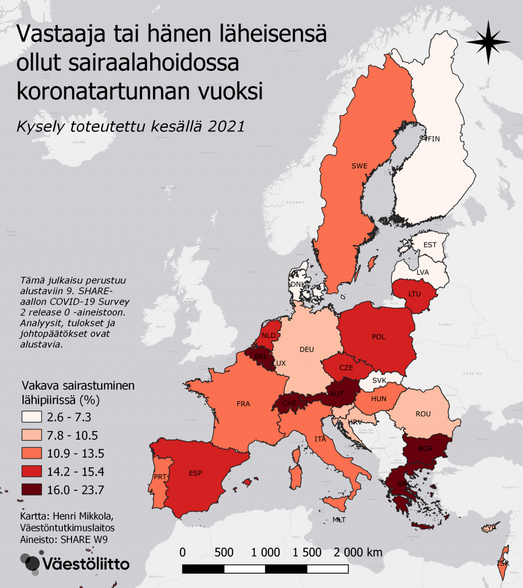 Karttakuvio vastaajan tai hänen läheisensä sairaalahoitoon joutumisesta.