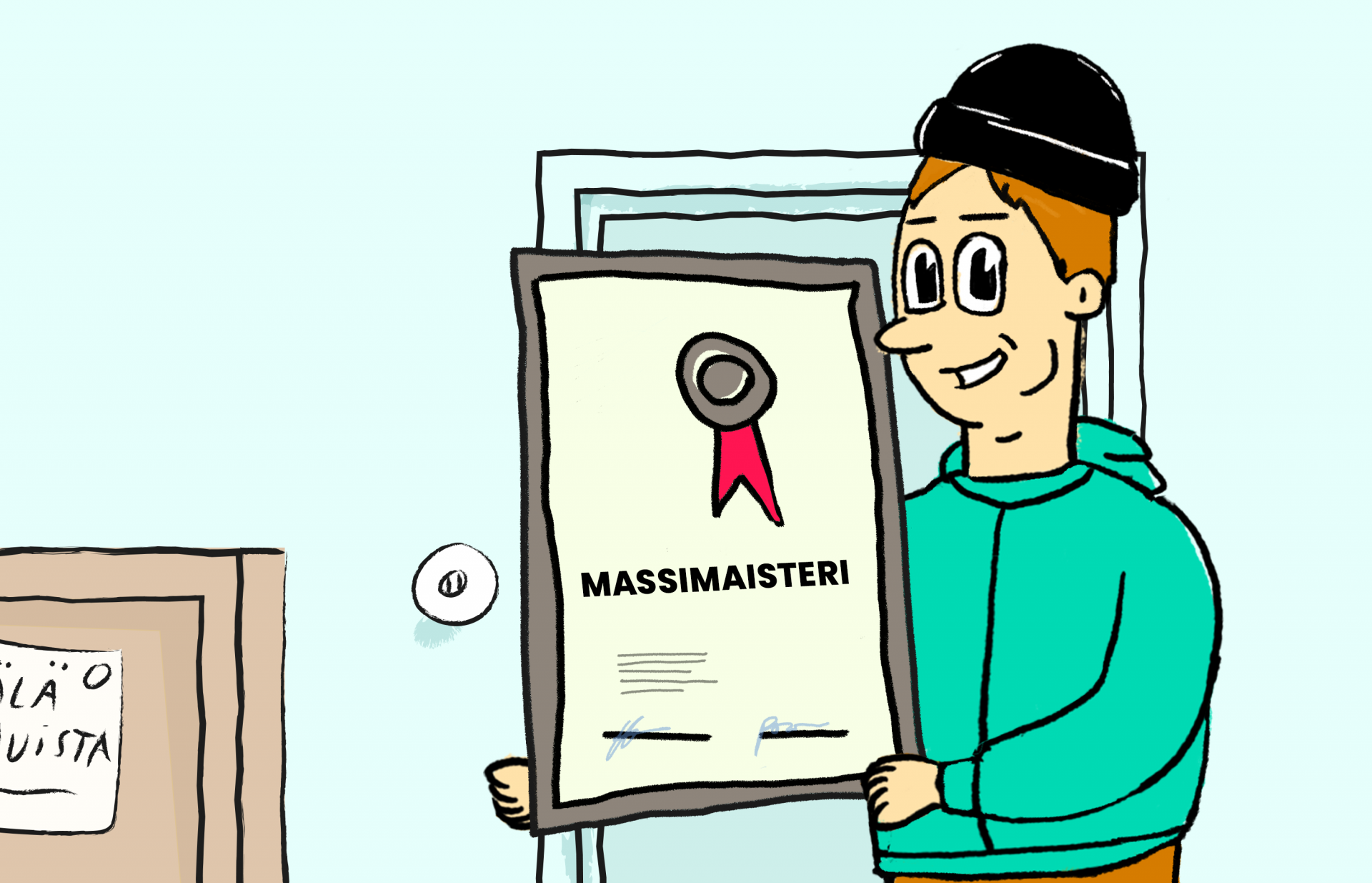 Animaatiohahmo Taito pitää käsissään Massimaisteri-kurssin diplomia leveä hymy kasvoillaa.