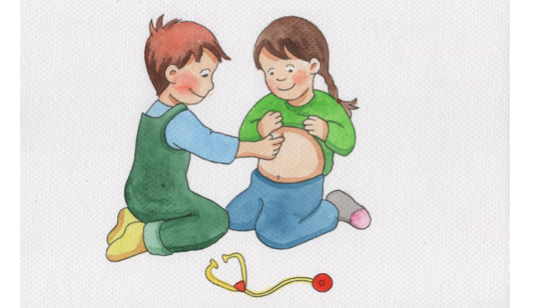 Piirroskuva, jossa pieni tyttö ja poika leikkivät lääkärileikkiä; toinen kuuntelee toisen sydänääniä.