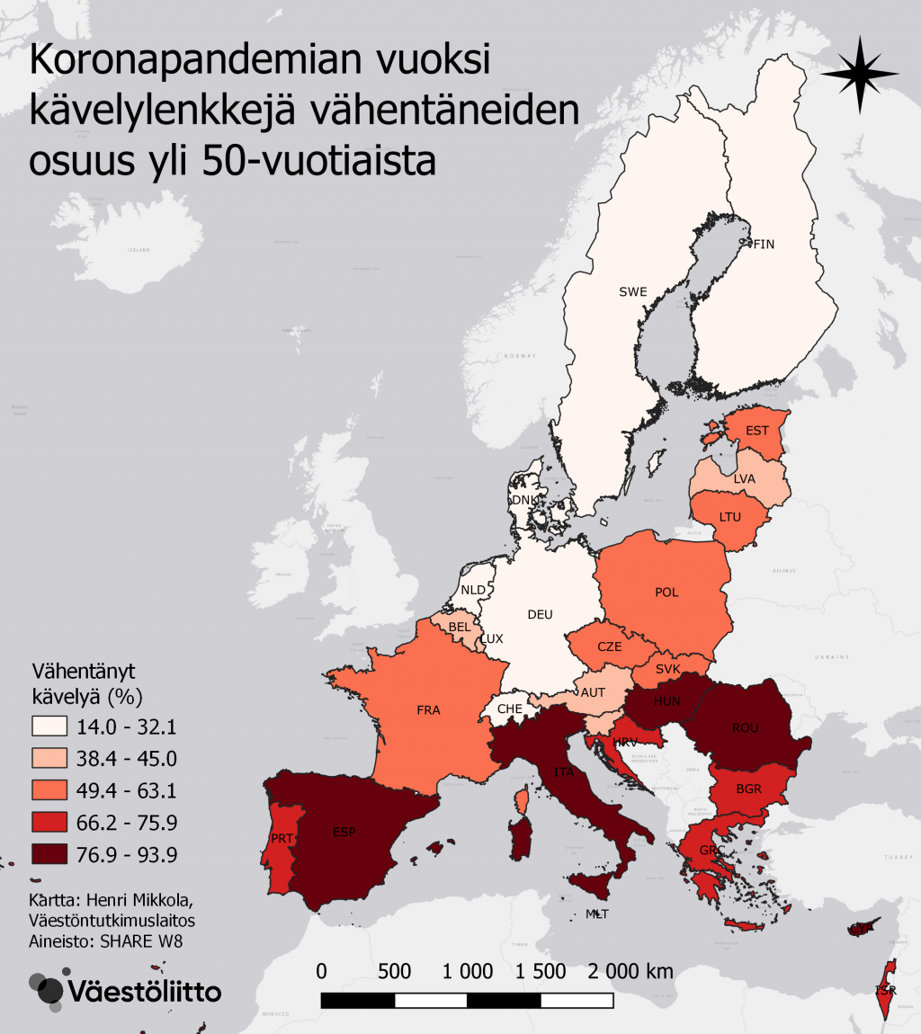 Karttakuvio kävelylenkkejä vähentäneiden osuudesta.