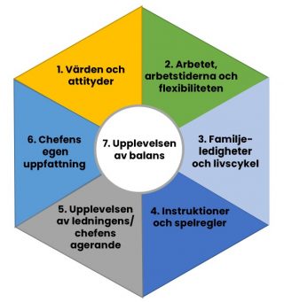 Familjevänlighetens sju perspektiv och områden på arbetsplatsen.