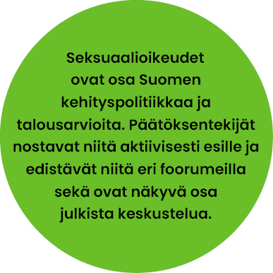 Pallossa lukee: Seksuaalioikeudet ovat osa Suomen kehityspolitiikkaa ja talousarvioita. Päätöksentekijät nostavat niitä aktiivisesti esille ja edistävät niitä eri foorumeilla sekä ovat näkyvä osa julkista keskustelua.