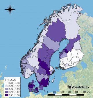 Kloropeettikartta Skandinavian ja Suomen kokonaishedelmällisyyden vaihtelusta vuonna 2020.