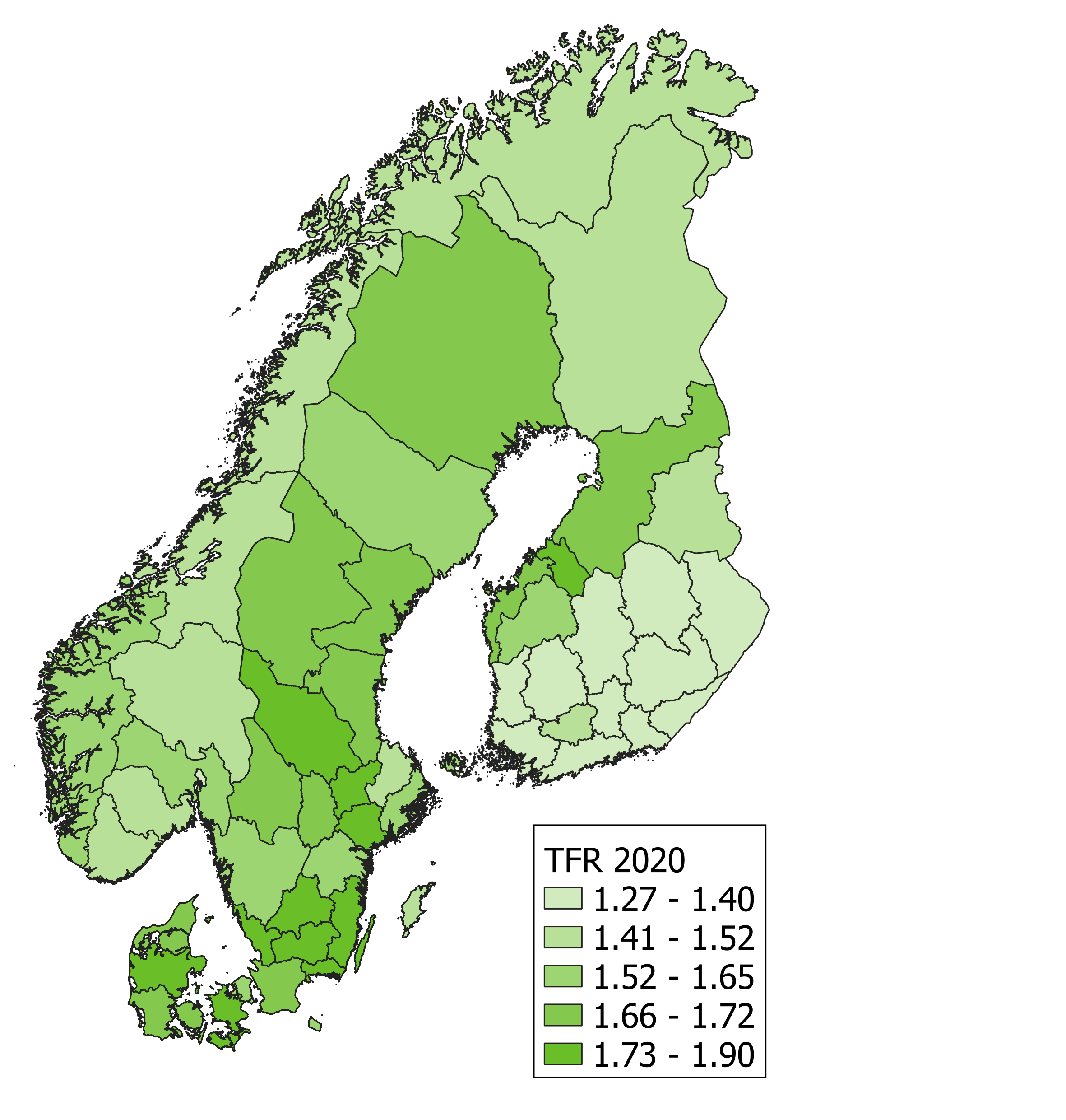 Kloropeettikartta kokonaishedelmällisyyden jakaantumisesta maakunnittain Skandinaviassa ja Suomessa.