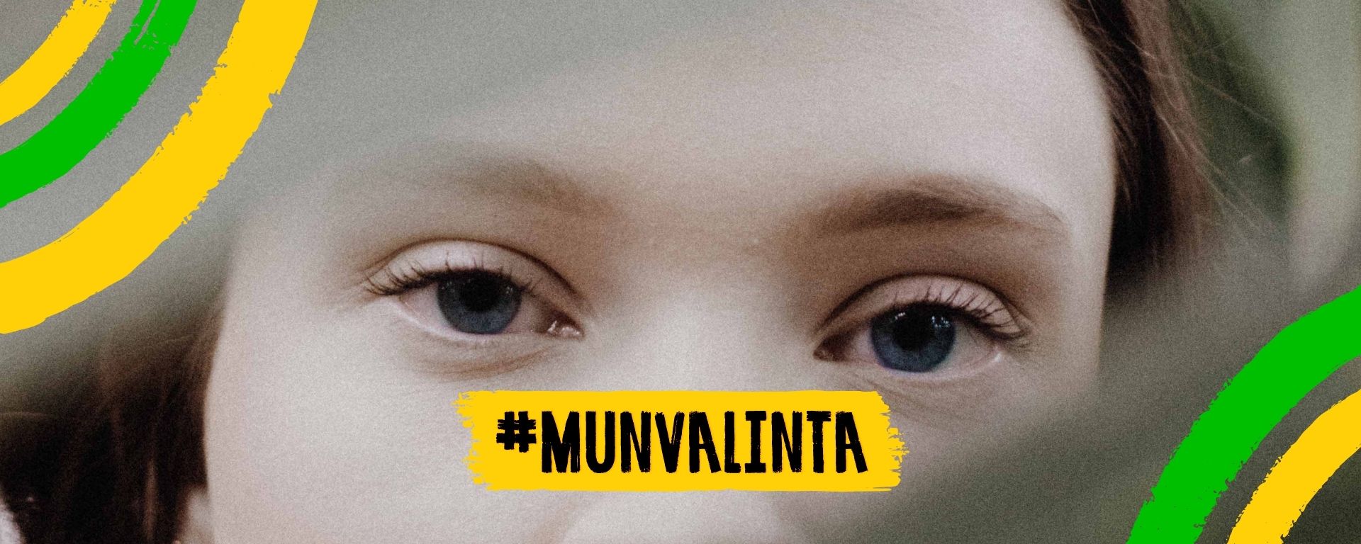 Vain nuoren sillmät ja katse näkyvät. #MunValinta-teksti peittää nenän. Kelta-vihreät kampanjavärit.