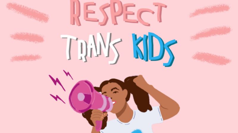 Piirroskuva, jossa nuori megafonilla kuuluttaa "Respect trans kids".