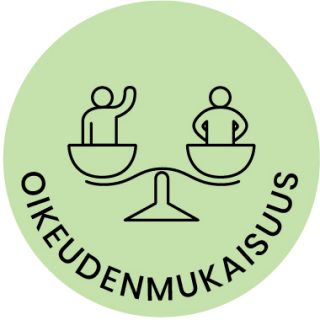 Piirroskuva, jossa kaksi ihmistä vaakakupissa ja kuvassa lukee Väestöliiton arvo Oikeudenmukaisuus.