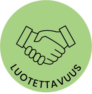 Piirroskuva, jossa kaksi kättä kättelee ja kuvassa lukee arvomme Luotettavuus.