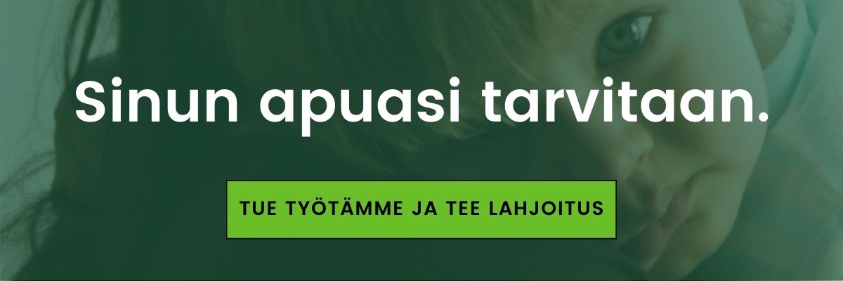 Lahjoistusbanneri, jossa lukee Sinun apuasi tarvitaan.