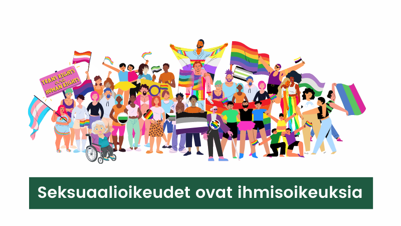 Piirretty kuva Prideja viettävistä moninaisista ihmisistä, jotka heiluttavat erilaisia identiteettejä kuvaavia Pride-lippuja.