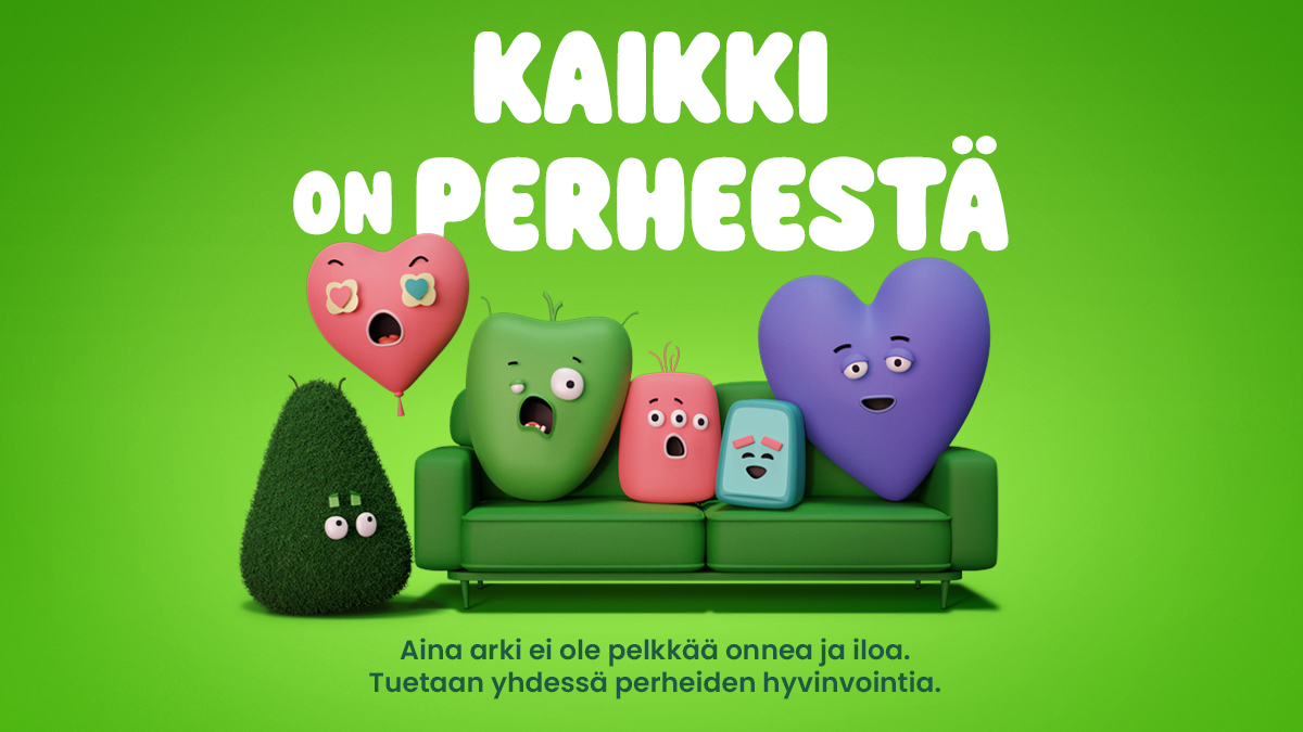 Kuvassa Kaikki on perheestä-kampanjan tunnuskuva. Kuvassa piirroshahmoja istuu sohvalla.