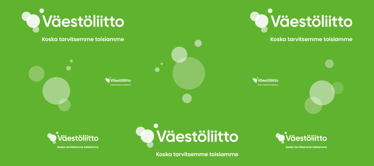 Vihreä Väestöliiton logojen ja kuplien täyttämä alue.