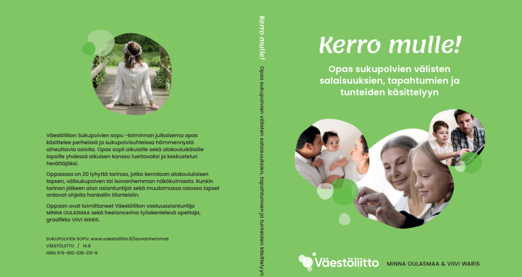 kirjan vihreä etukansi jossa kuvia ihmiskasvoista sekä takakansi teksteineen