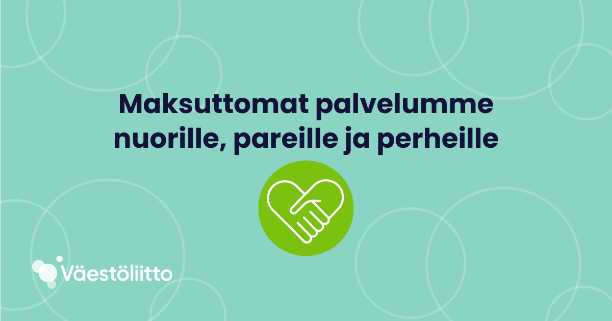 Turkoosi palvelubanneri, jossa ikoni jossa kädet muodostavat sydämen.