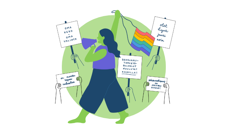 Kuvituskuva. Kuvassa piirroshahmo joka osoittaa mieltään. Kuvassa on sateenkaarilippu ja erilaisia mielenosoituskylttejä seksuaalioikeuksien puolesta.