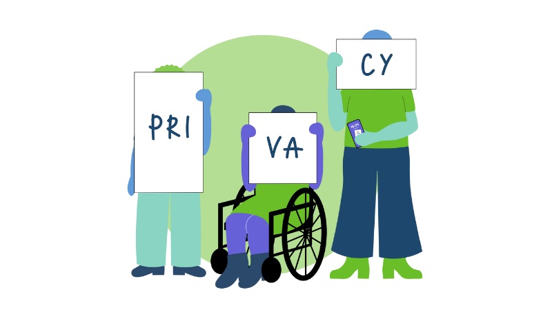 Kuvituskuva. Kuvassa kolme erilaista piirroshahmoa, jotka pitävät ylhäällä kylttejä, joista muodostuu sana PRIVACY